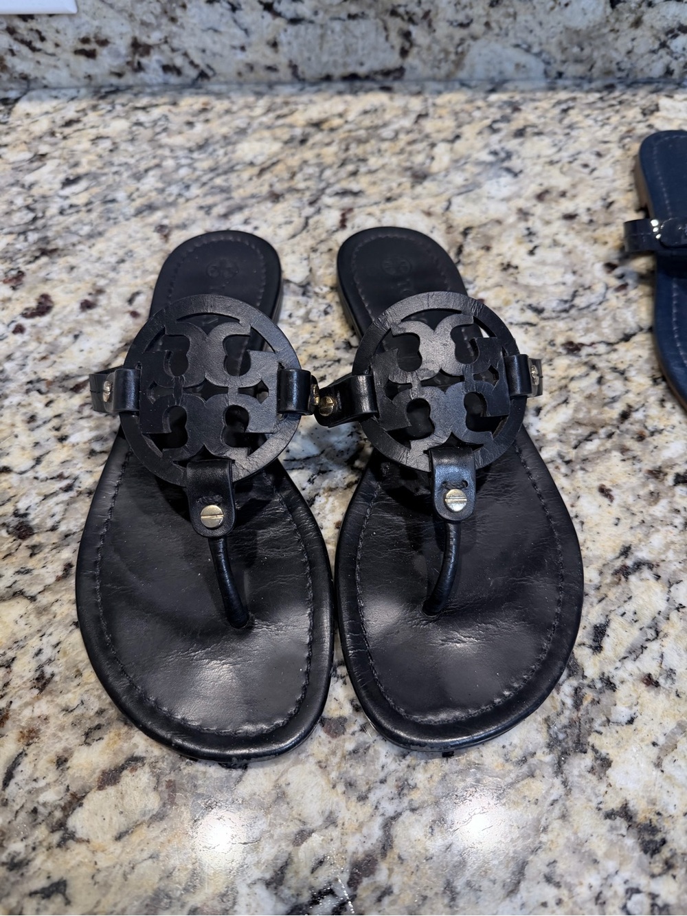 Tory Burch Black Miller Leather Logo Thong Sandals